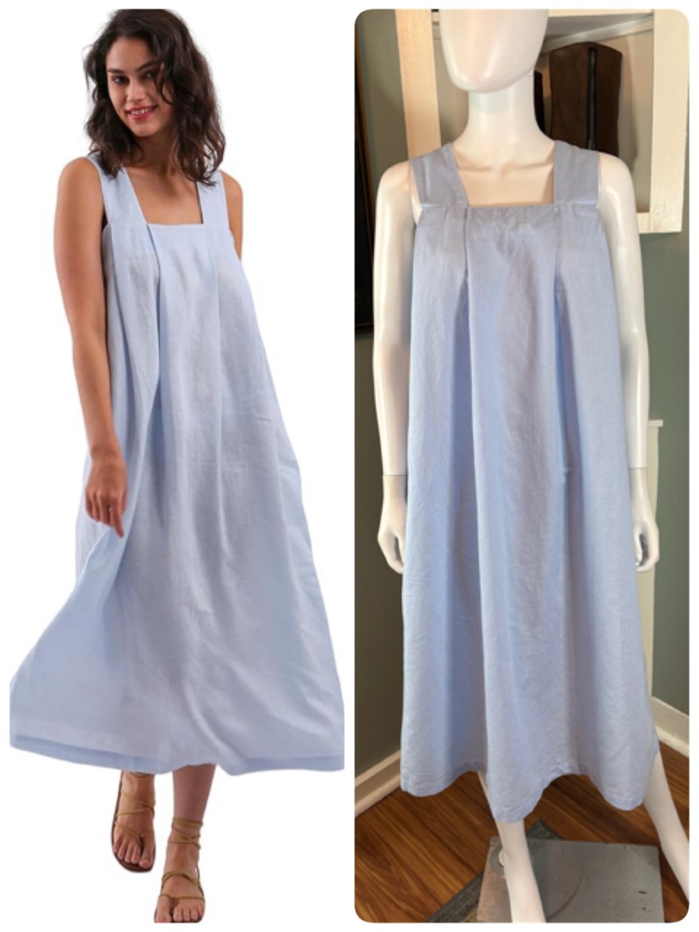 Amazhiyu Linen/Cotton Baby Blue Mini Dress Small S Pockets Sleeveless Summer